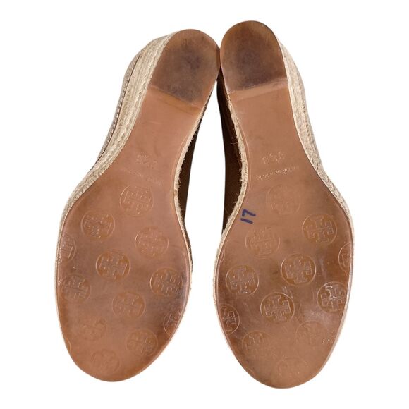Tory Burch Jackie Espadrille Wedge Sandal Shoe Bow Peep Toe Beige Canvas 8.5 B - Picture 10 of 11